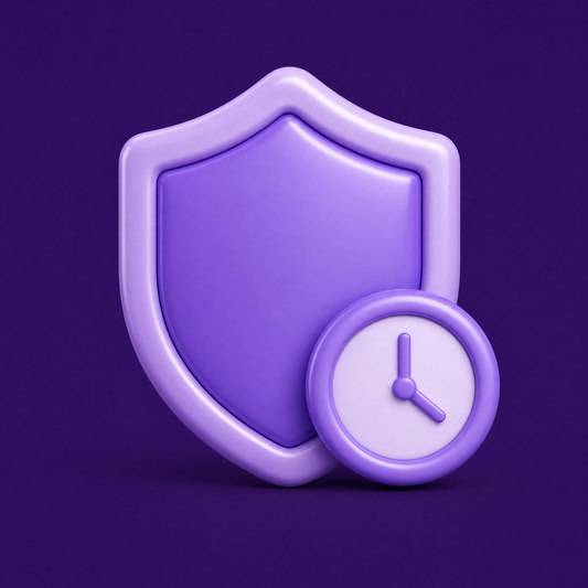 Purple shield icon with a clock