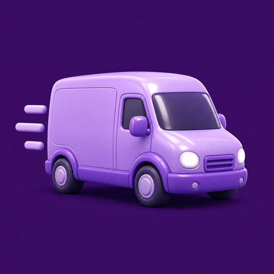 Purple delivery van icon with motion lines